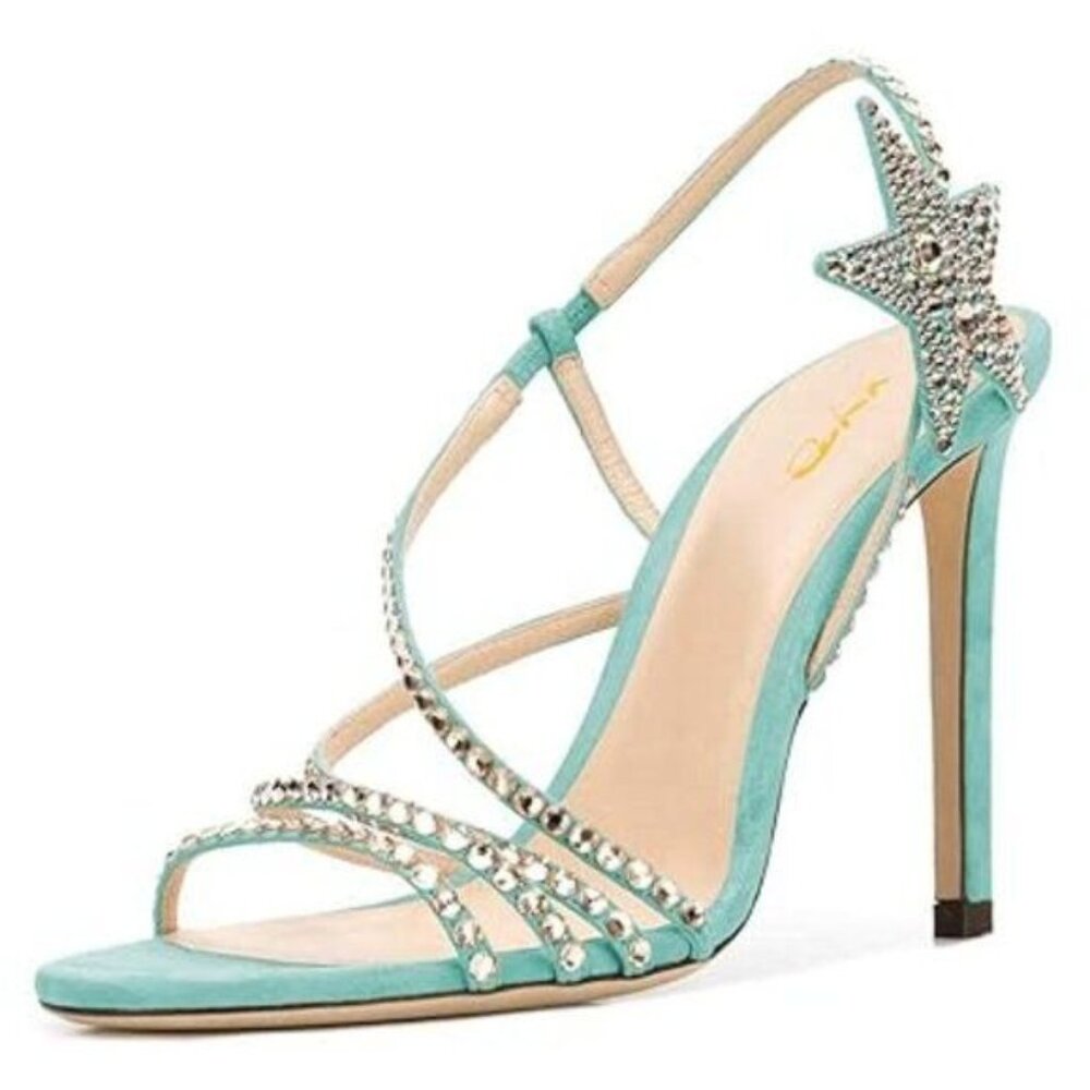 XYD Women Rhinestones Open Toe Strappy High Heel Sandals Side Star